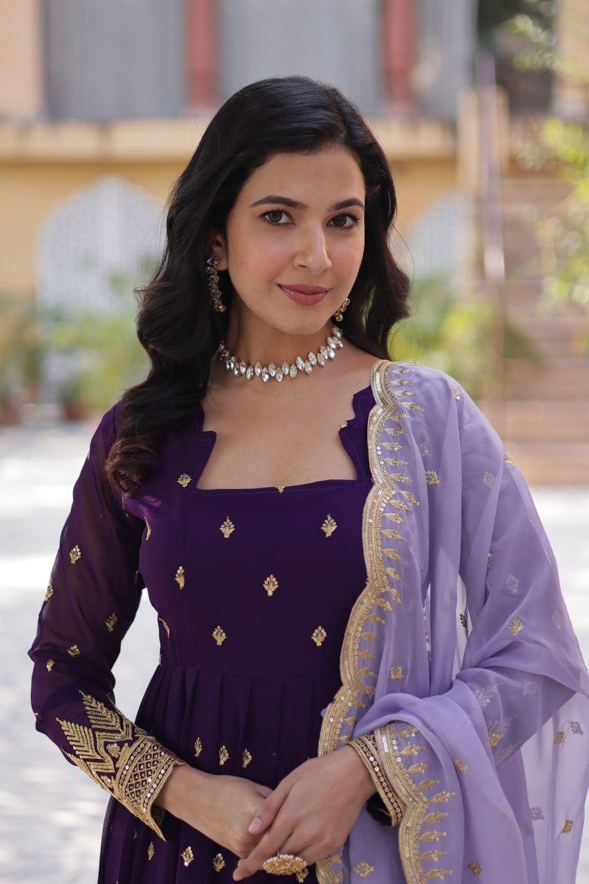Luxury Faux Blooming Embroidered Zari Sequins Gown with Tabby Silk Cutwork Dupatta