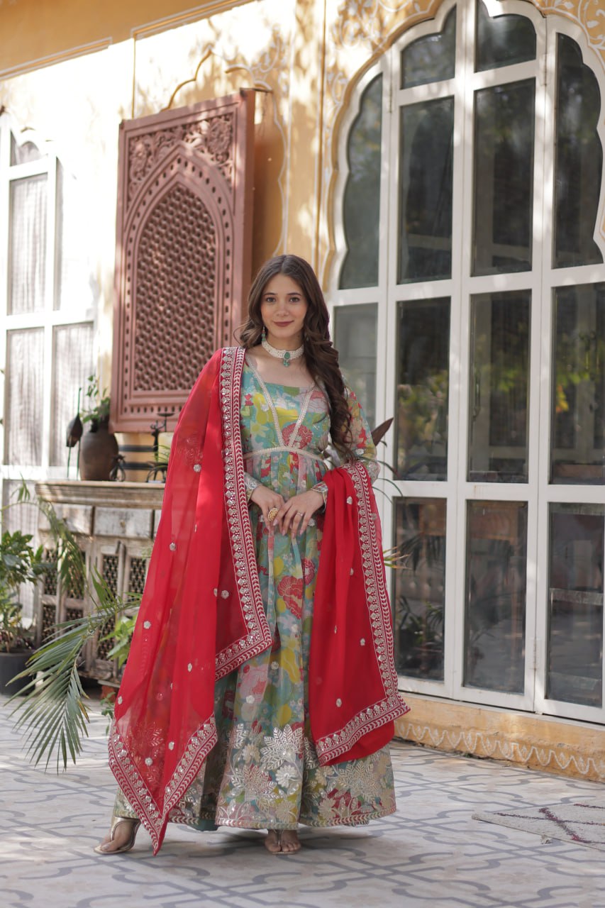 Digital Printed Russian Silk Top with Foil Embroidery Zari Sequins Work and Designer Lace Border Dupatta