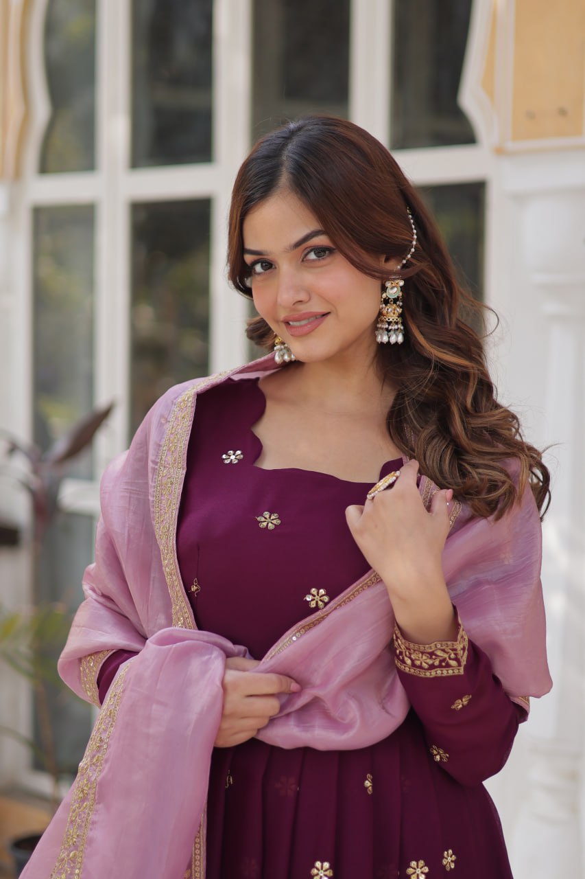 Elegant Star Georgette Purple Gown with Zari Sequins Embroidery and Gold Crush Dupatta