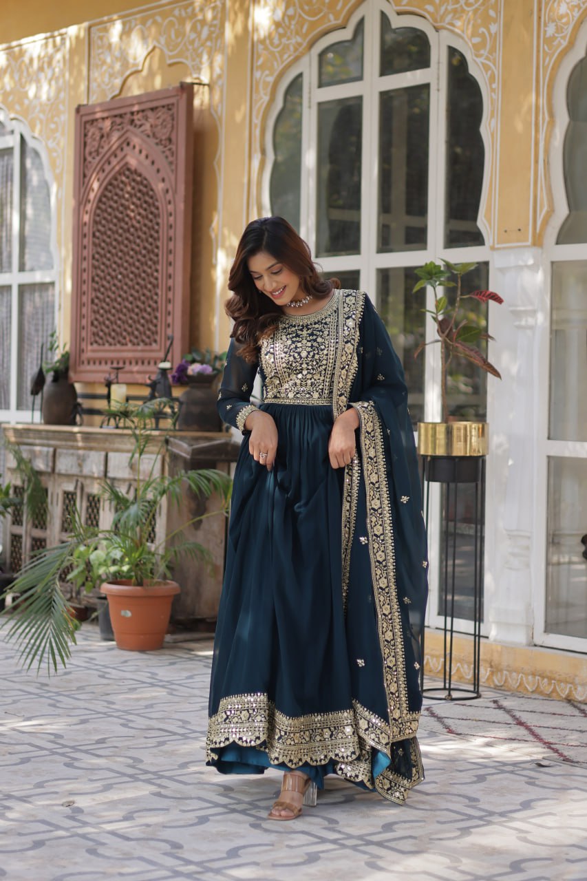 Premium Faux Blooming Bottle Green Gown Set with Zari Sequins Embroidery and Dupatta