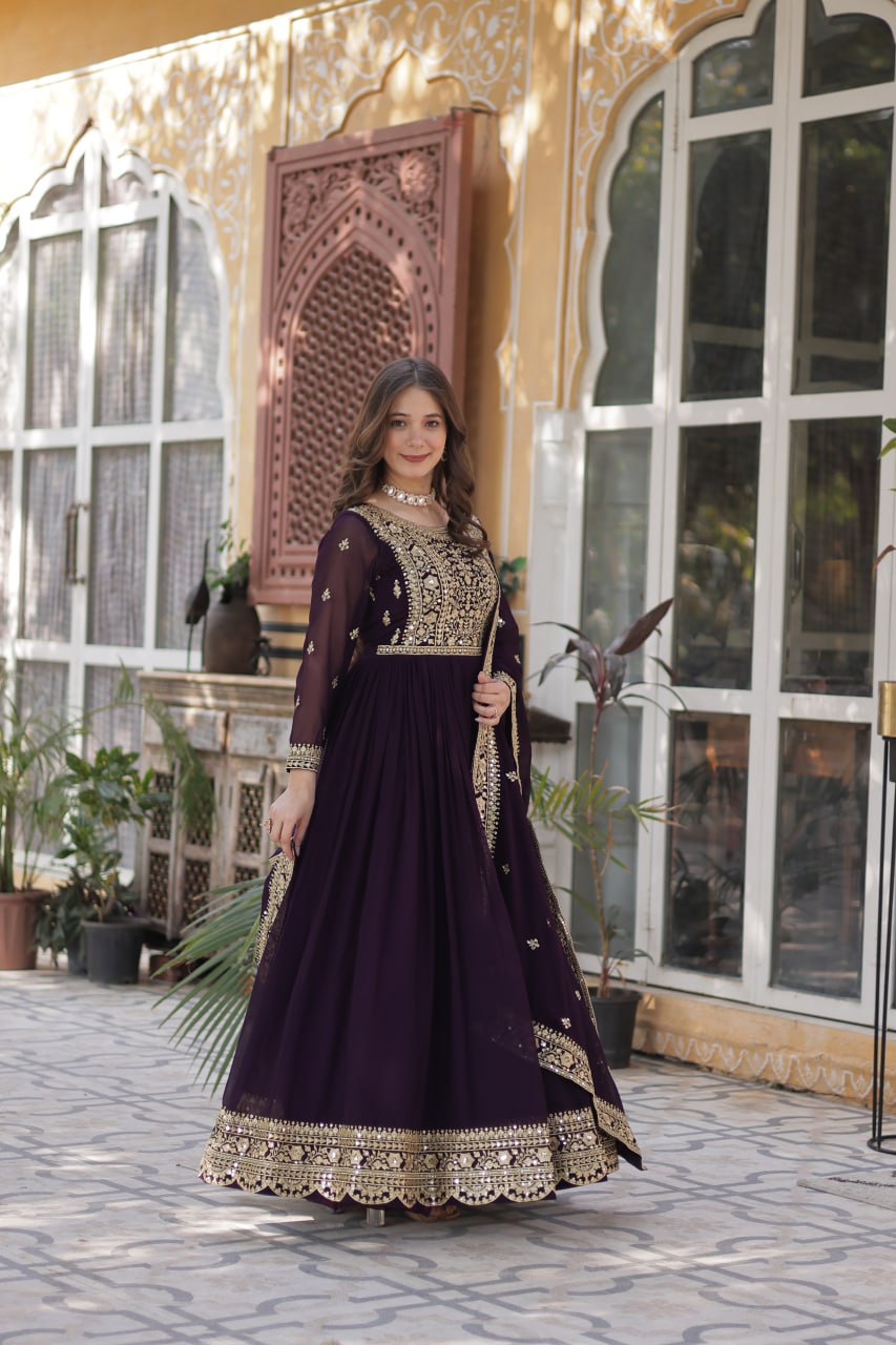 Premium Faux Blooming Purple Gown Set with Zari Sequins Embroidery and Dupatta