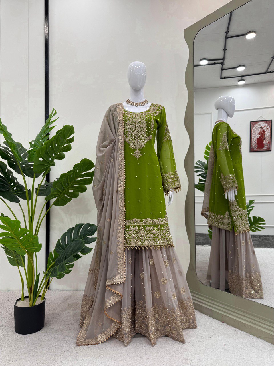 Designer Faux Georgette Green Suit Set with Sharara & Dupatta - Coding & Sequins Work, Pearl Embellishments, and Fancy Lace