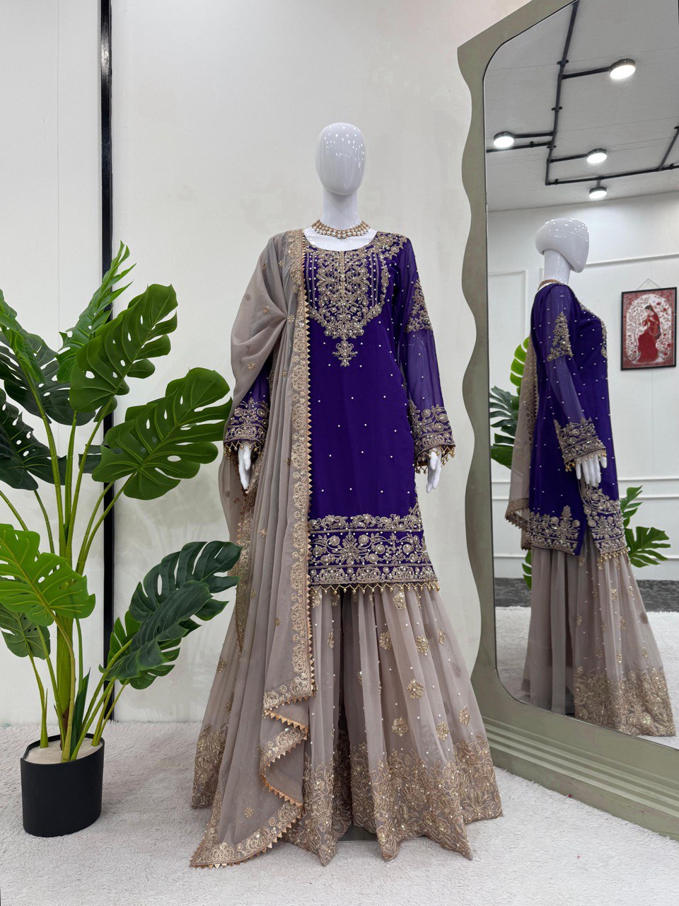 Designer Faux Georgette Purple Suit Set with Sharara & Dupatta - Coding & Sequins Work, Pearl Embellishments, and Fancy Lace
