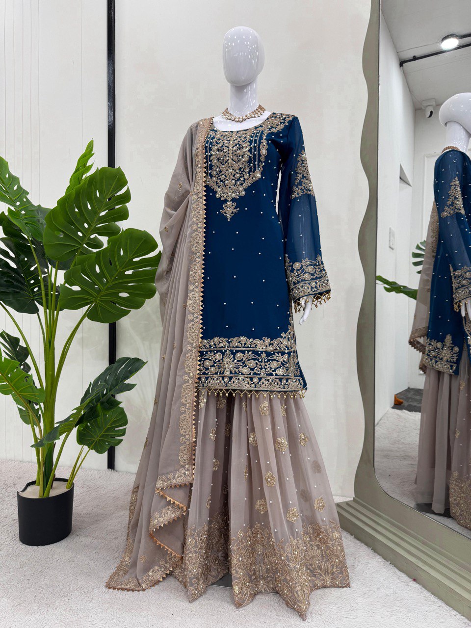 Designer Faux Georgette Bottle Green Suit Set with Sharara & Dupatta - Coding & Sequins Work, Pearl Embellishments, and Fancy Lace