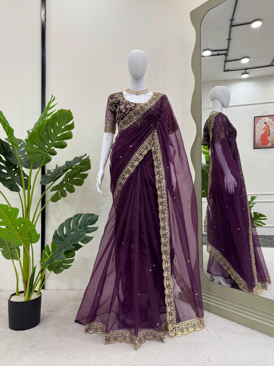 Luxury Heavy Organza Silk Saree with Thread and Sequins Embroidery and Matching Blouse – Elegant Party Wear Saree