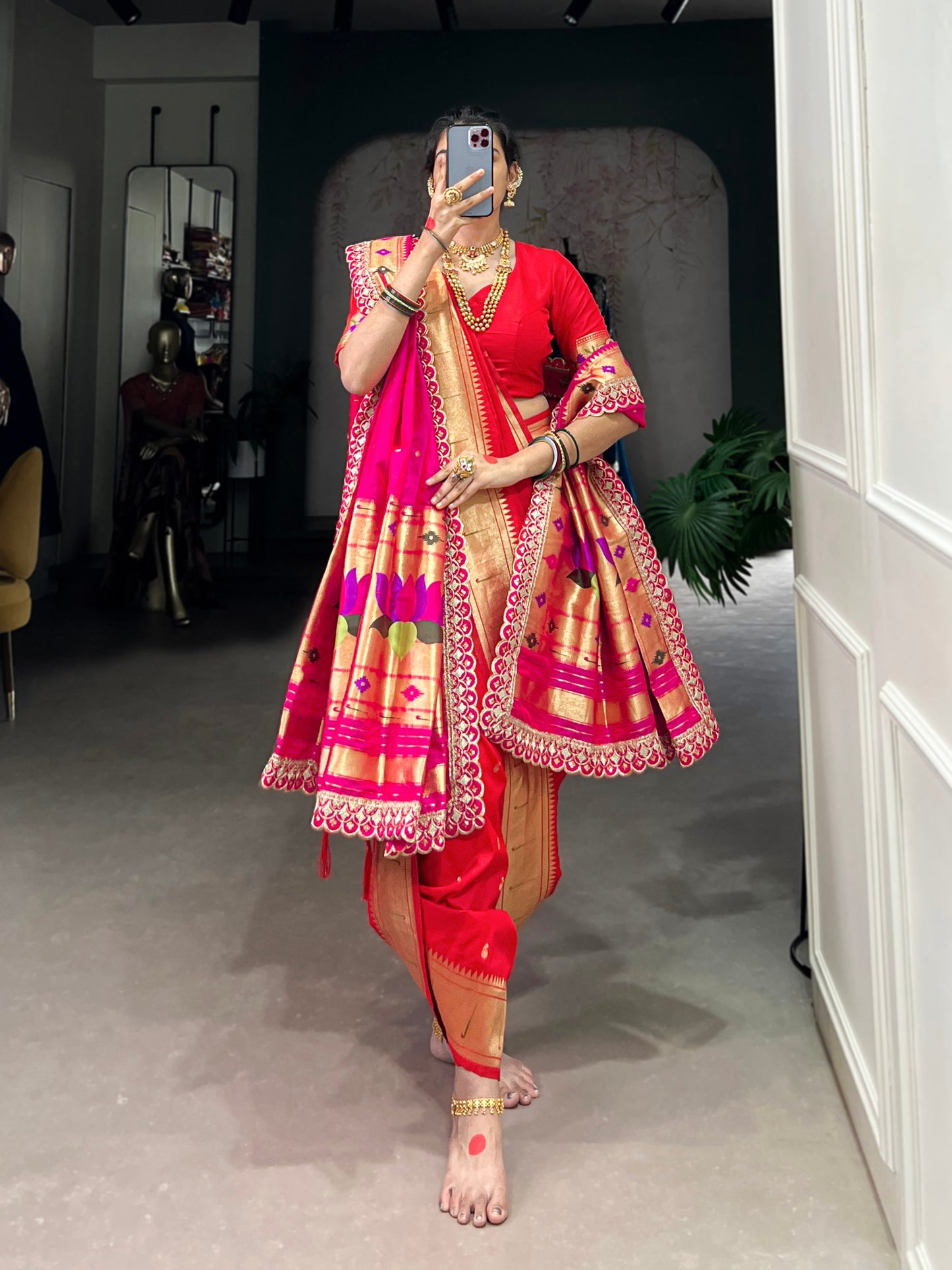 Premium Jacquard Silk Paithani Zari Weaving Red Saree Set with Dupatta | Traditional Ethnic Wear