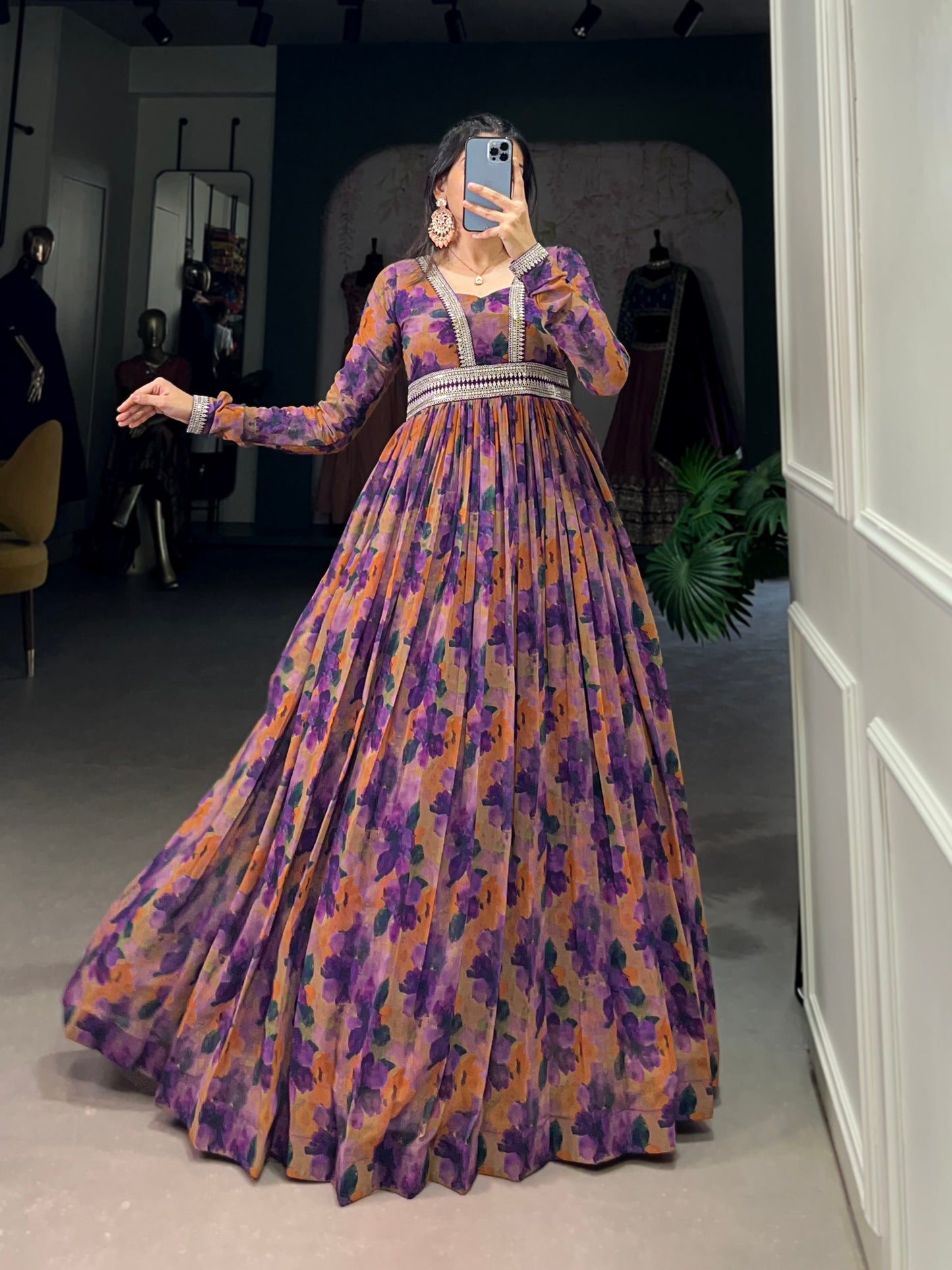 Stylish Georgette Floral Printed Gown with Lace Border and Dupatta | Party Wear and Ethnic Collection