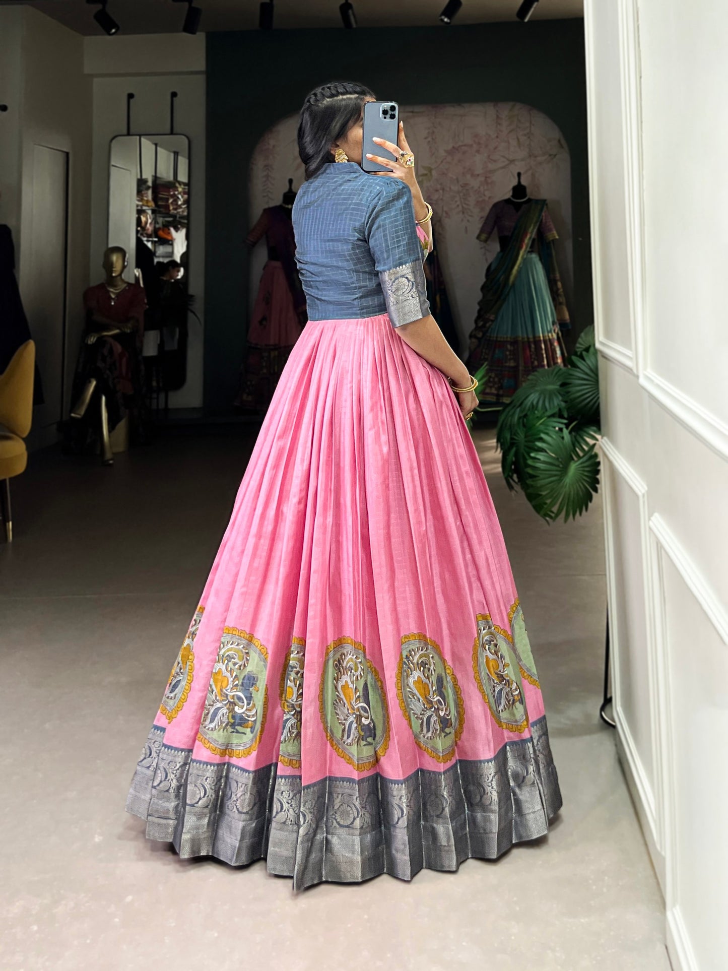 Elegant Dola Silk Kalamkari Print Pink Gown with Zari Weaving Koti | Ethnic Wear for Women