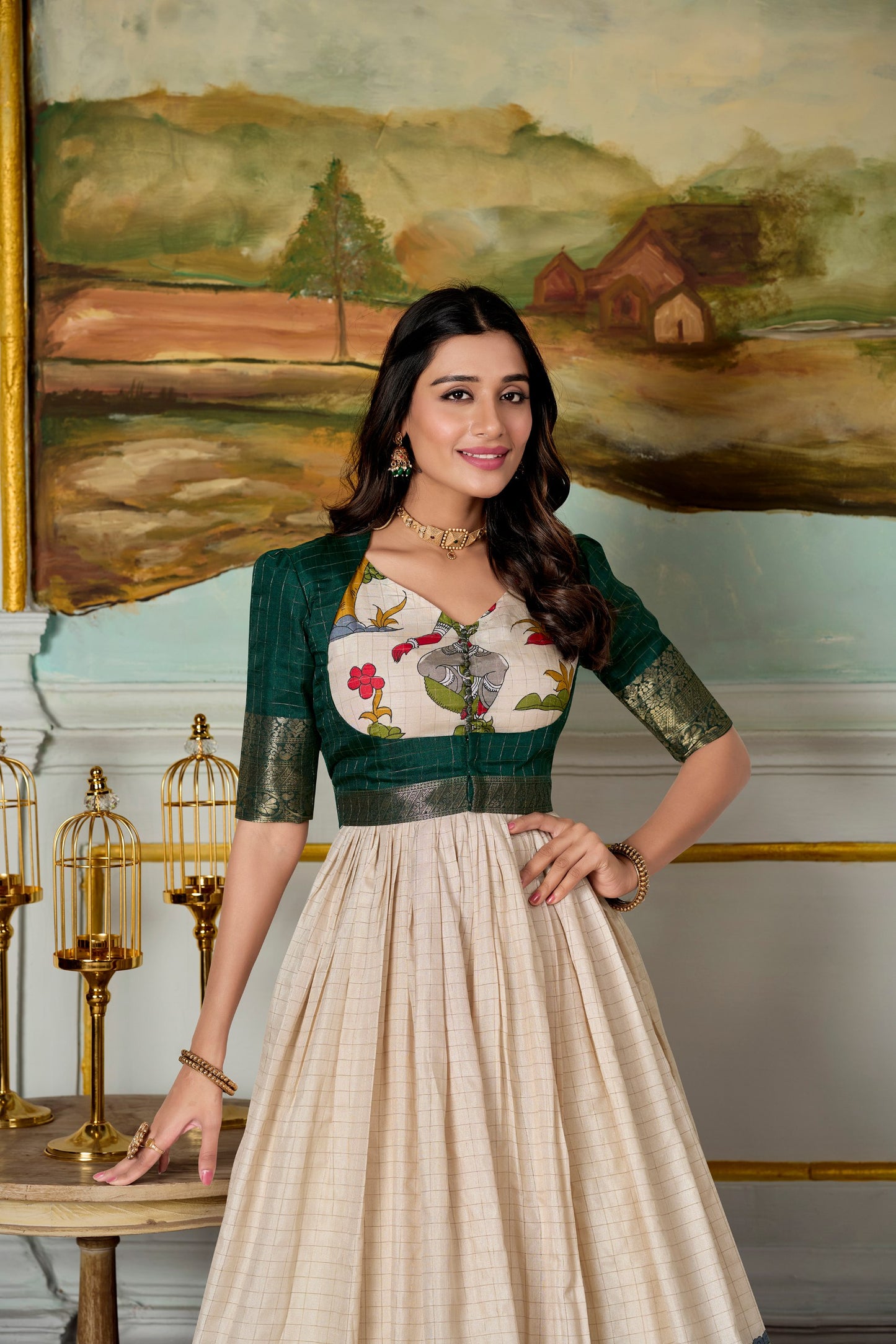 Elegant Dola Silk Kalamkari Print Green Gown with Zari Weaving Koti | Ethnic Wear for Women