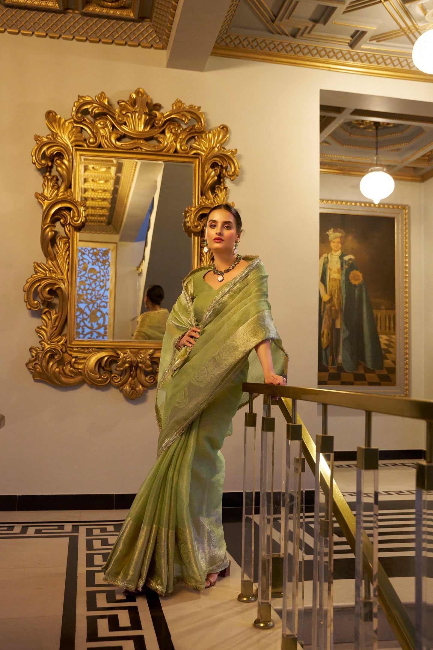 Tissue Shimmer Pista Green Saree with Zari Weaving and Sequins Lace Border