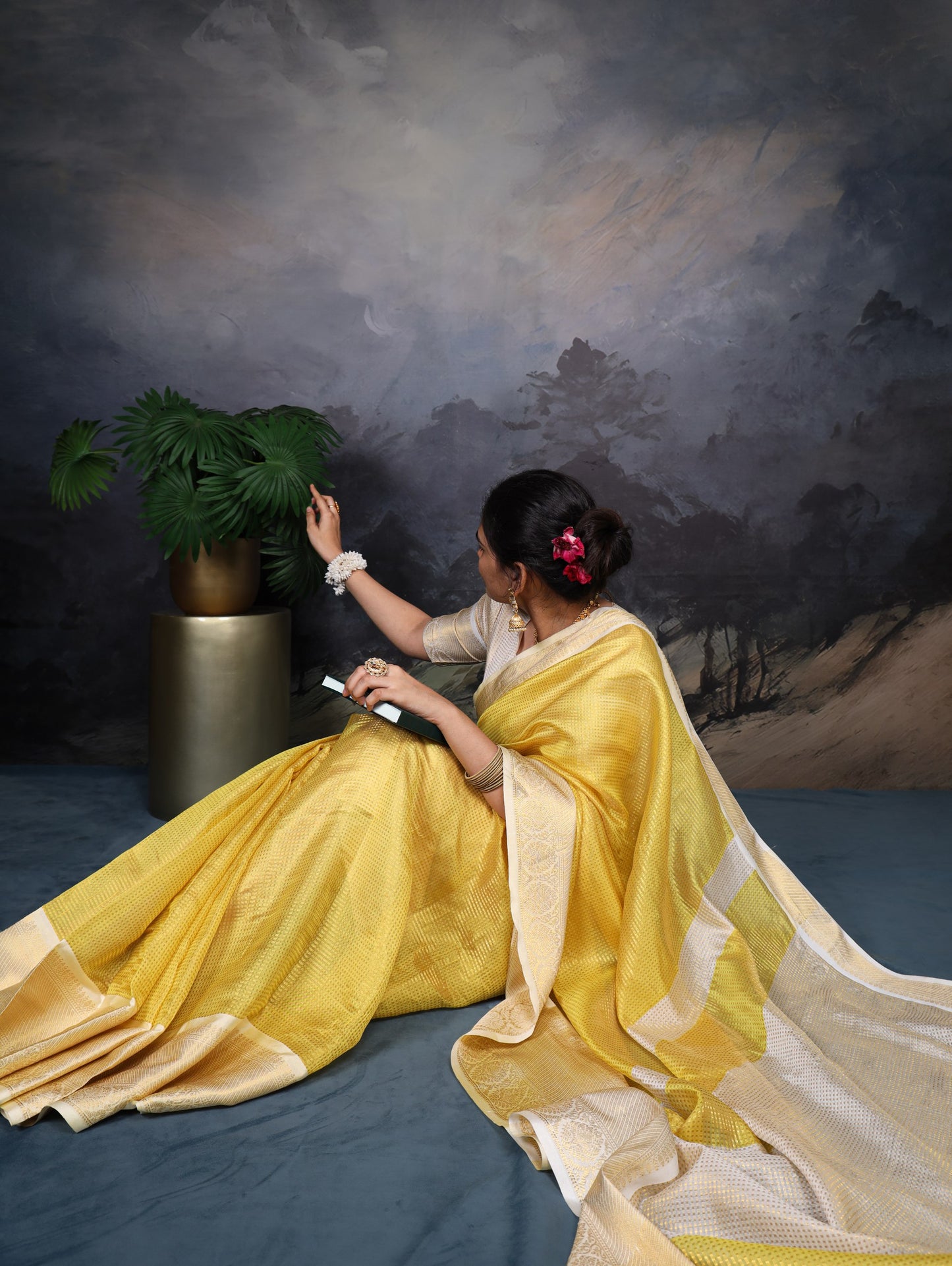 Jacquard Chex Yellow Saree with Zari Weaving and Unstitched Blouse