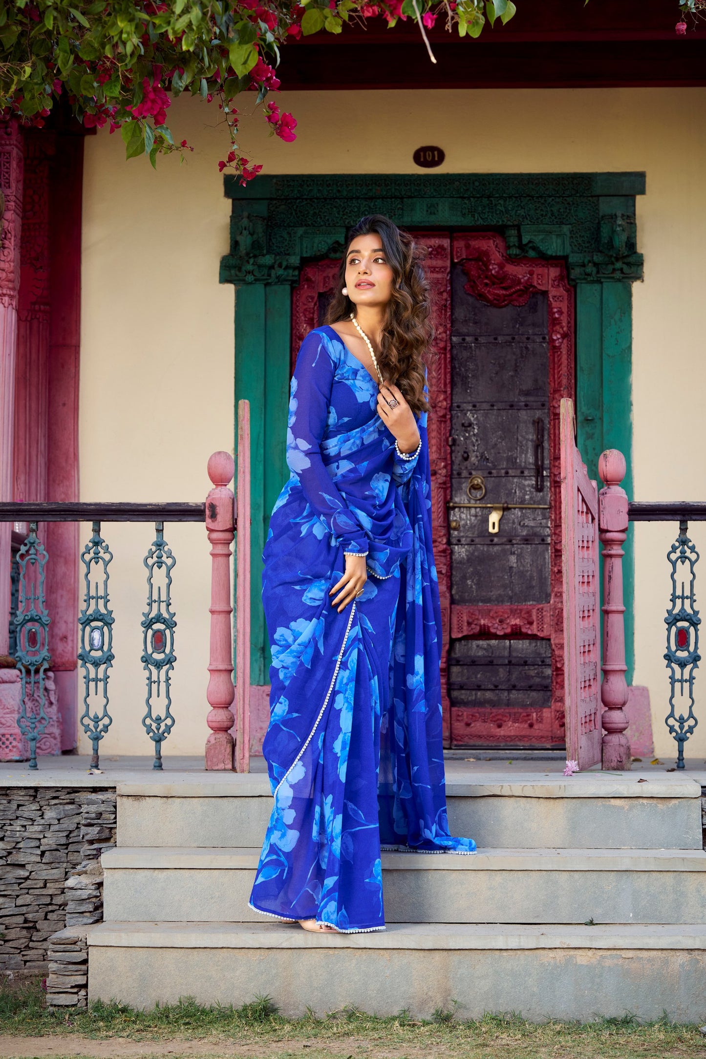 Elegant Floral Printed Blue Chiffon Saree with Pearl Lace Border and Matching Blouse