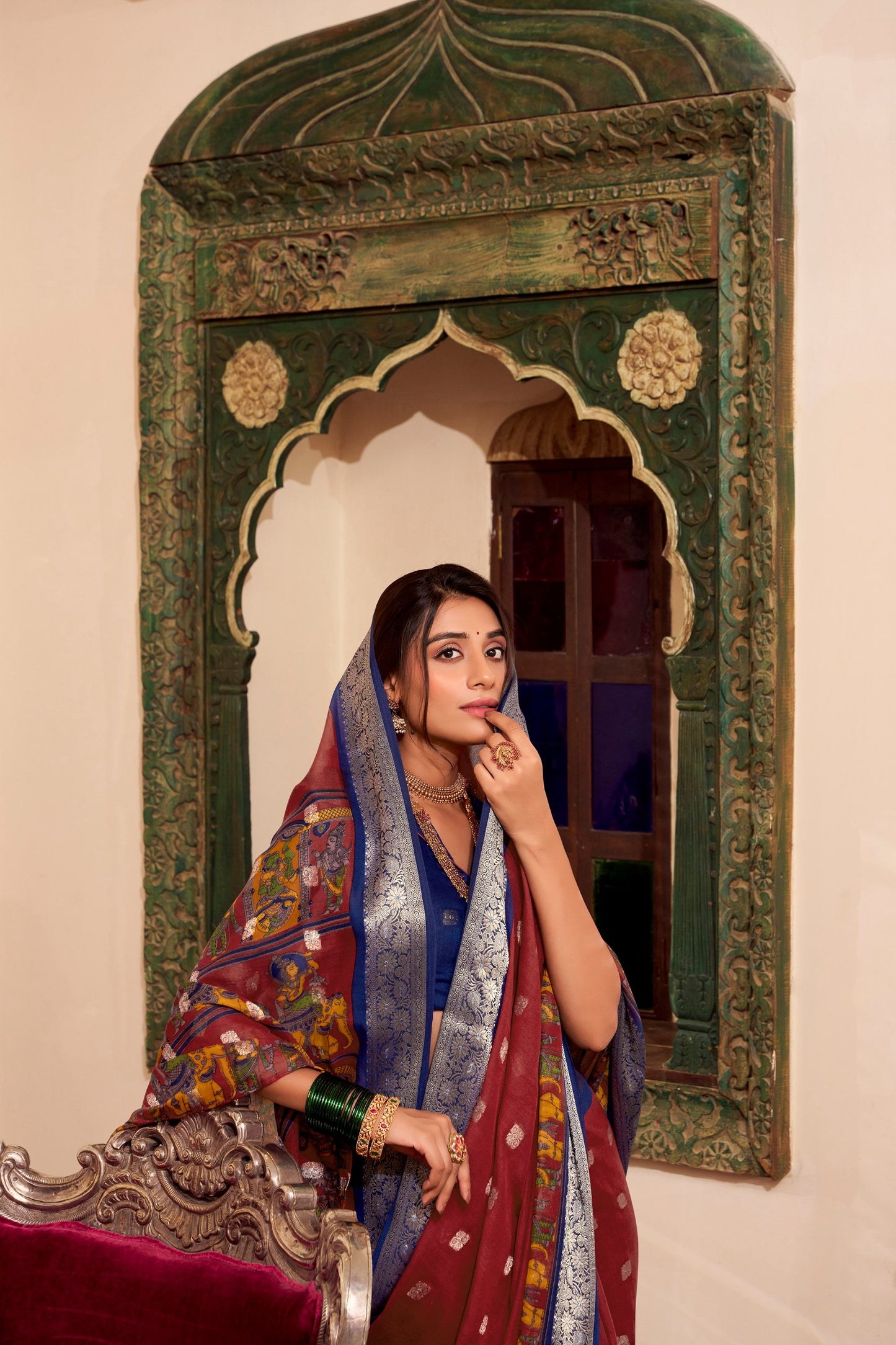 Kalamkari Print Poly Cotton Saree with Zari Weaving Work Border and Unstitched Blouse