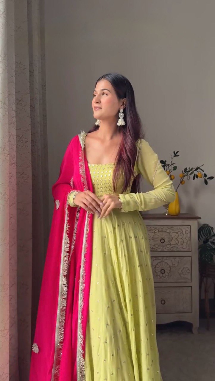 Foux Gorgette Thread Work Suit with 9mm Sequins and Lace Border Dupatta