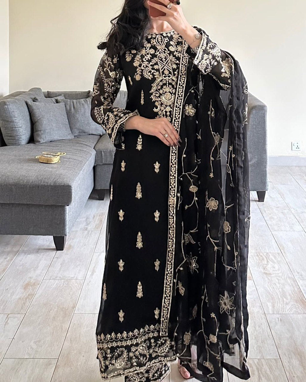 Foux Gorgette Thread Work Black Suit with Sequins and Lace Border Dupatta