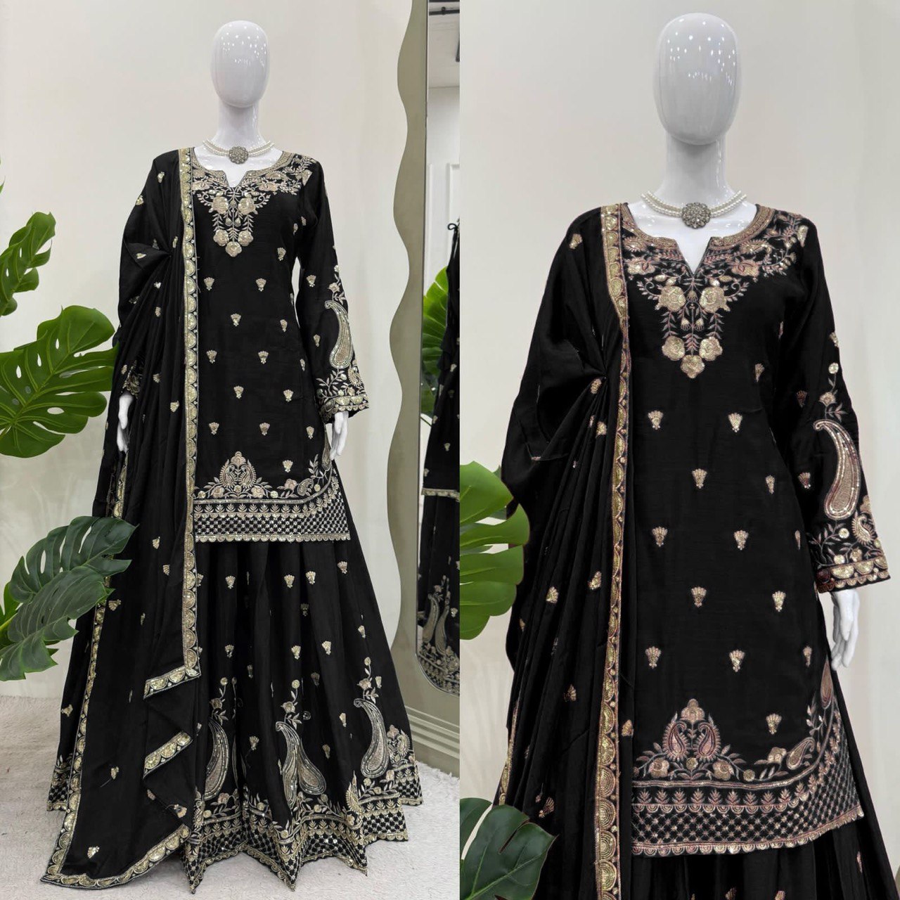 Black Chinon Silk Thread Work Suit with Sequins and Lace Border Dupatta