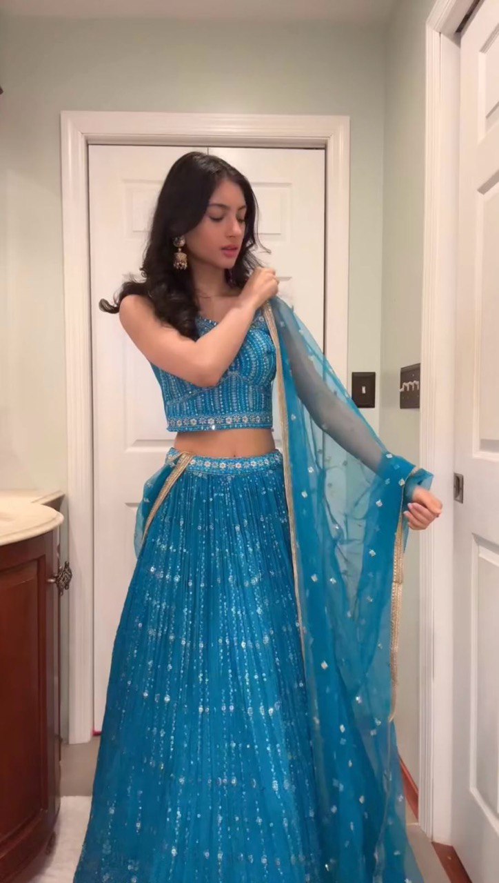 Foux Gorgette Semi-Stitched Lehenga Set with 3 Meter Flair and Sequin Work