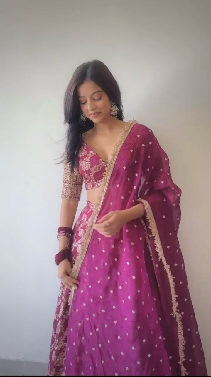 Purple Jequard Semi-Stitched Lehenga Set with Sequins and 4 Meter Flair