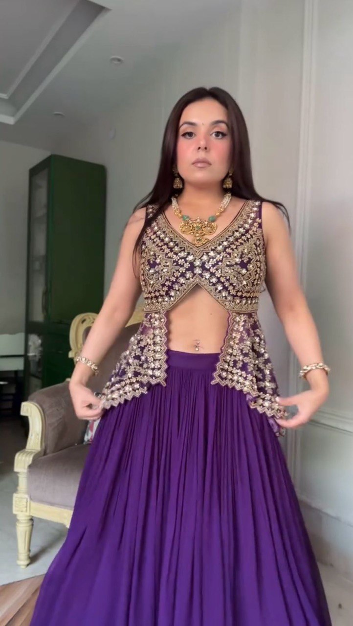 Purple Fox Georgette Semi-Stitched Lehenga Set with Fully Stitched Sequin Work Top