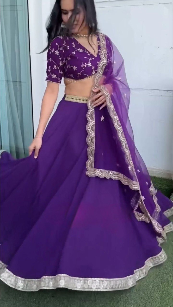 Purple Faux Georgette Semi-Stitched Lehenga Set with 4.5 Meter Flair & Cutwork Dupatta