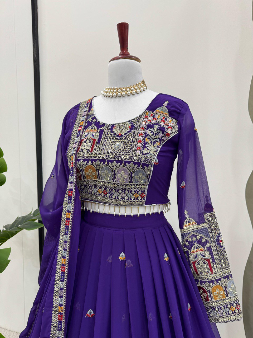 Foux Georgette Semi-Stitched Lehenga Set with Coding Dori, Thread & Sequin Work