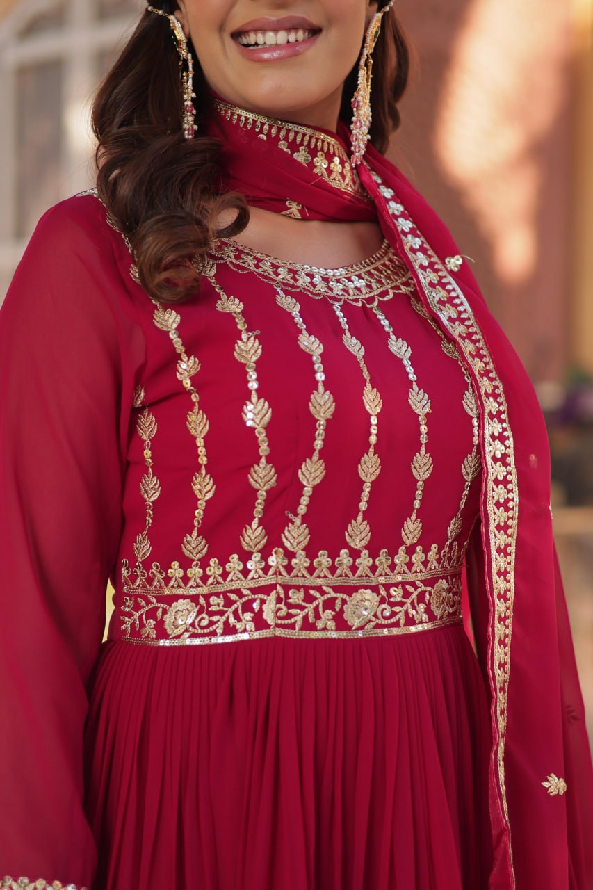 Pink Faux Blooming Embroidered Gown with Dupatta – Zari & Sequin Work