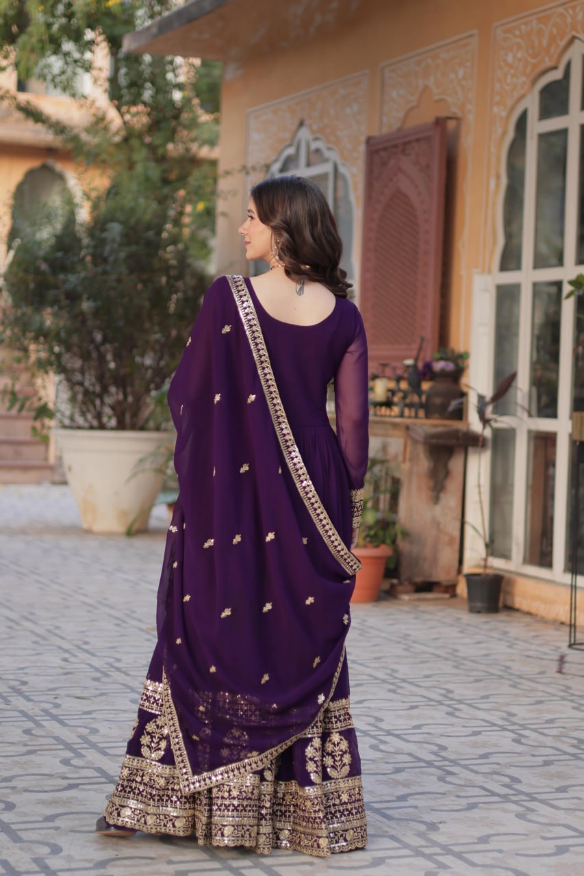 Purple Faux Blooming Embroidered Gown with Dupatta – Zari & Sequin Work