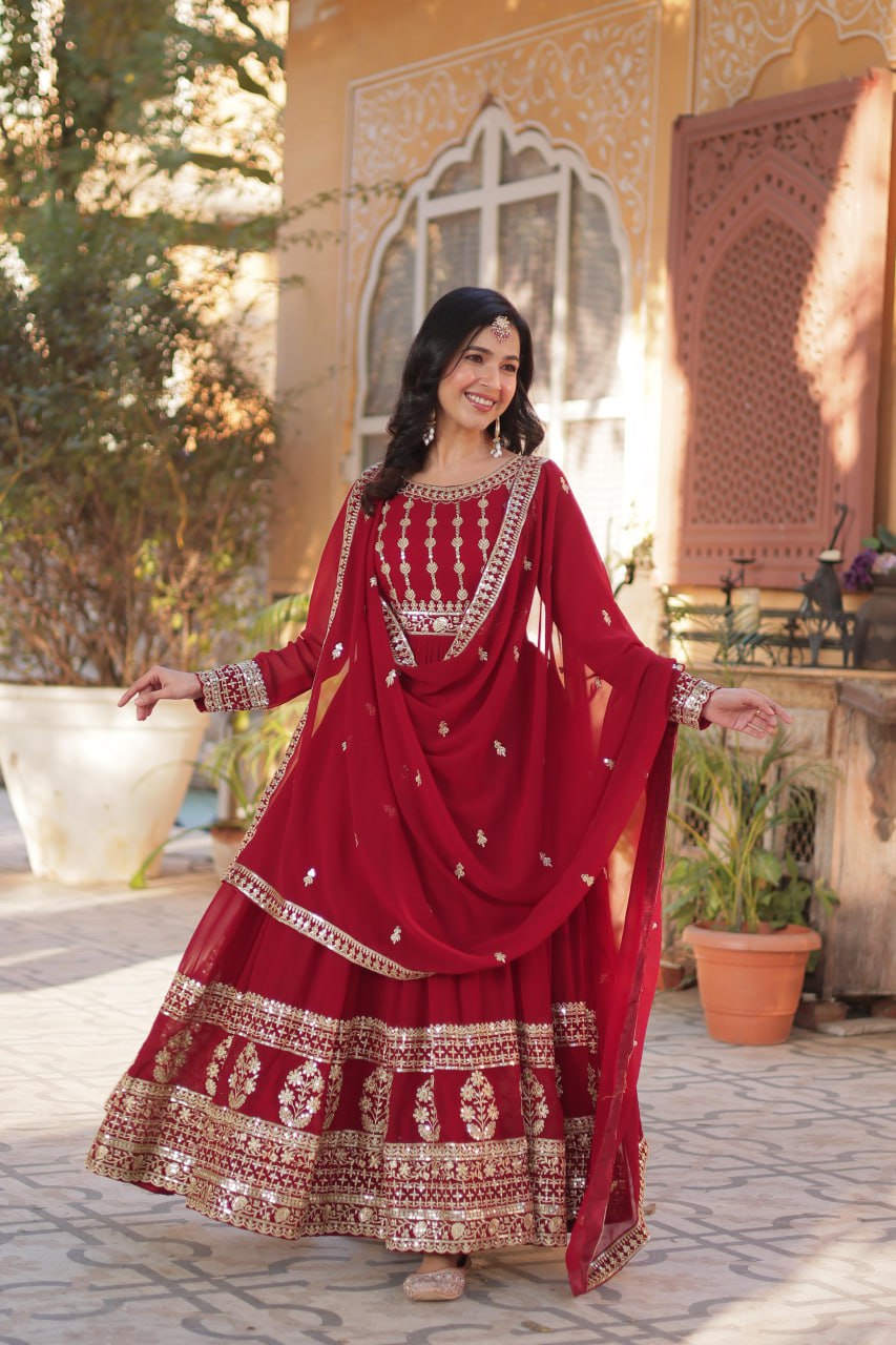 Red Faux Blooming Embroidered Gown with Dupatta – Zari & Sequin Work
