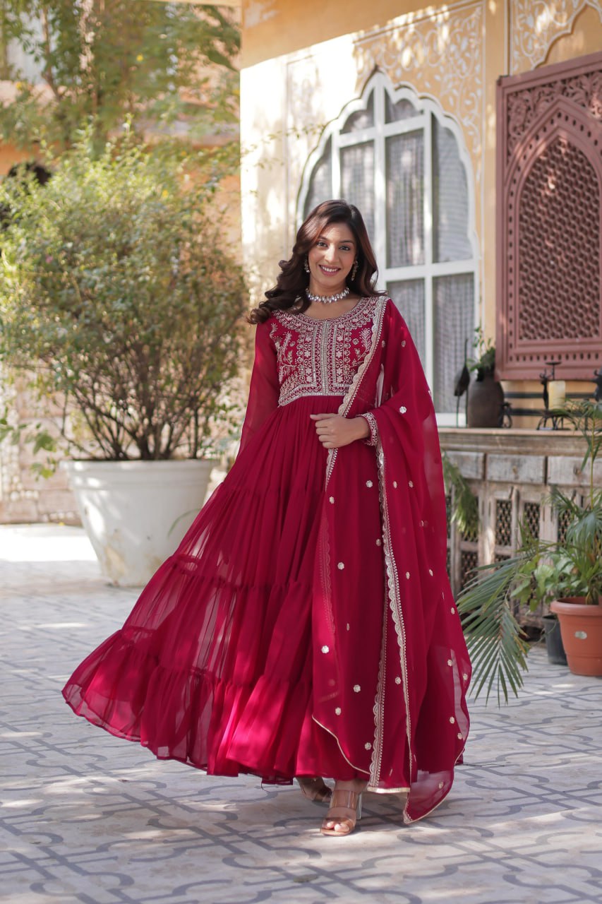 Rani Pink Faux Blooming Georgette Gown with Pearl Embroidery & Dupatta