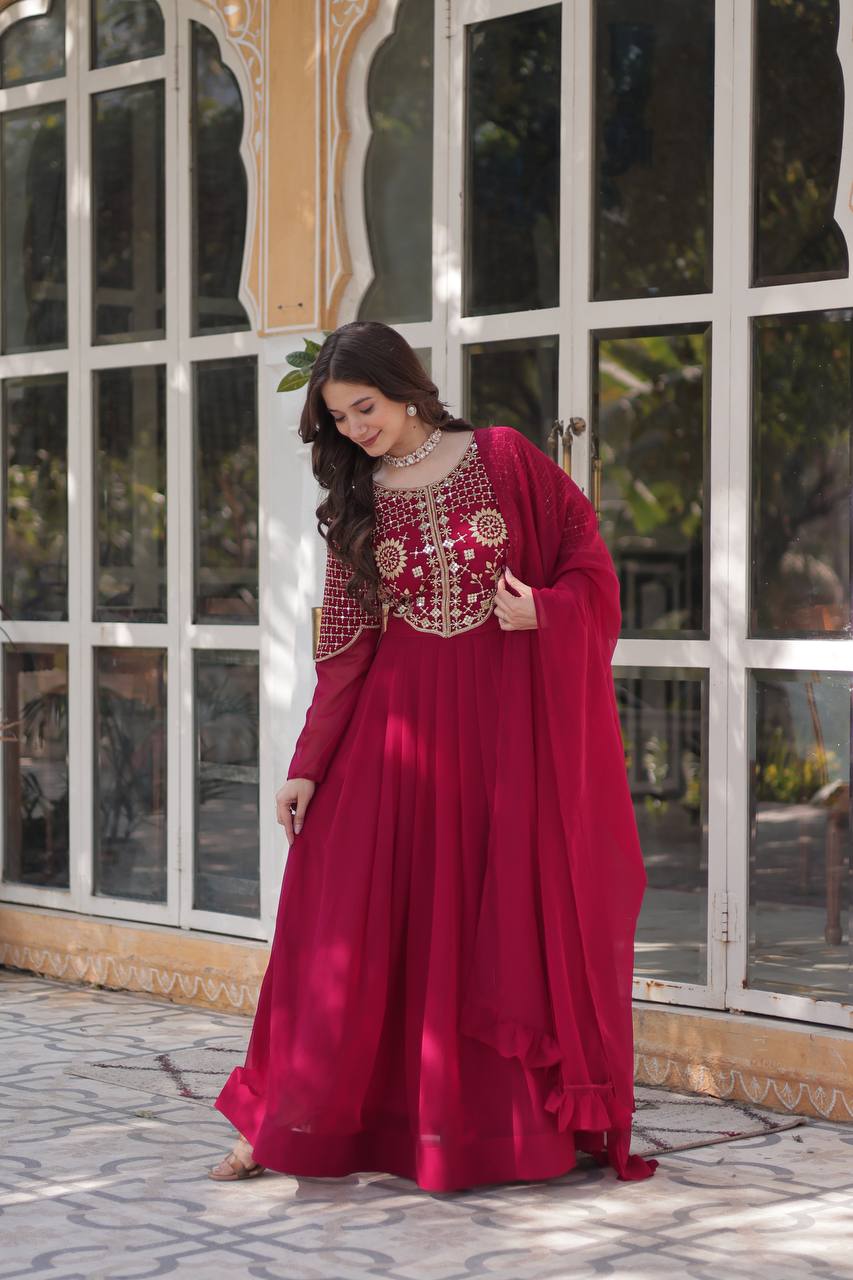 Red Embroidered Faux Blooming Georgette Gown with Dupatta