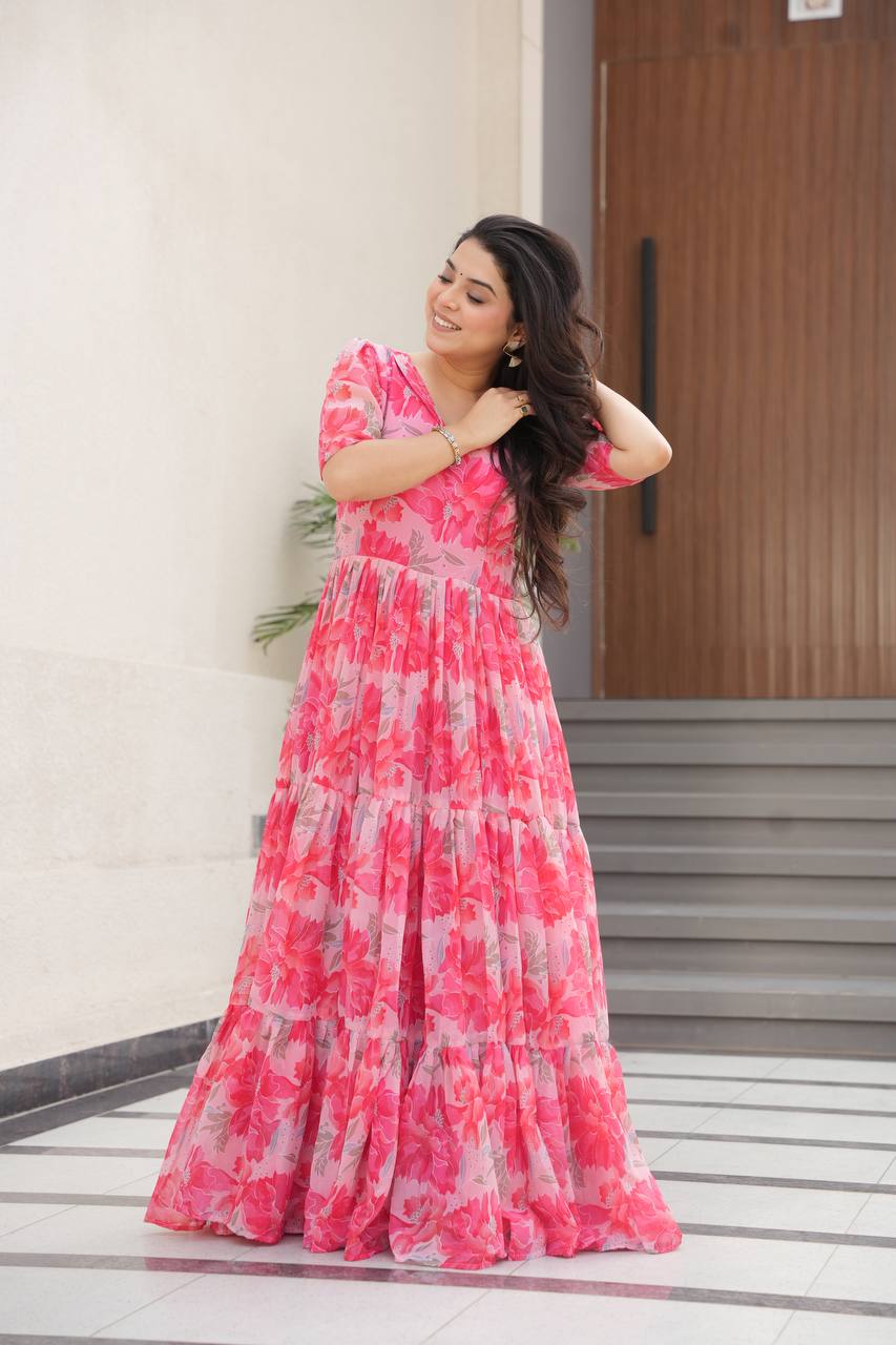 Printed Faux Georgette Pink Gown with Fancy V Neck – 12 Meter Flair Elegance