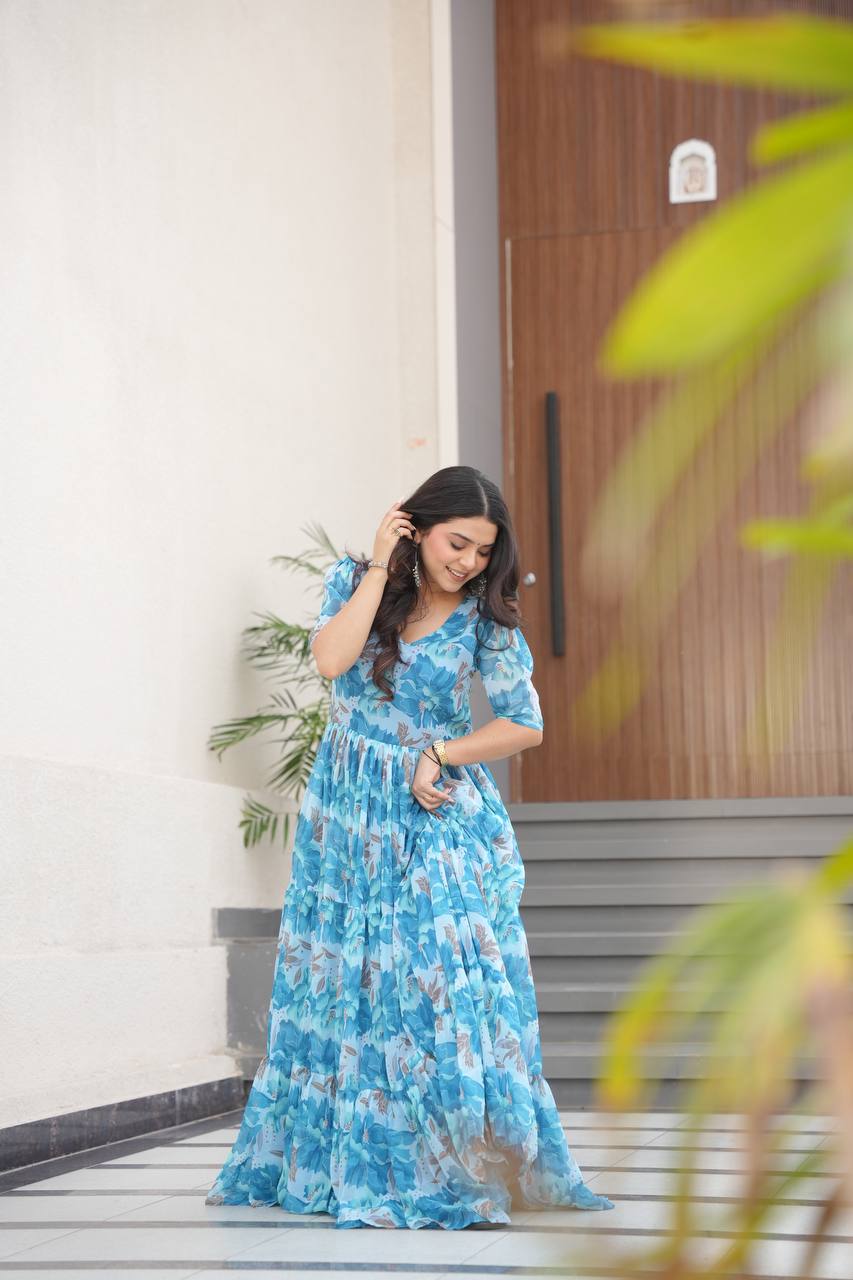 Printed Faux Georgette Blue Gown with Fancy V Neck – 12 Meter Flair Elegance