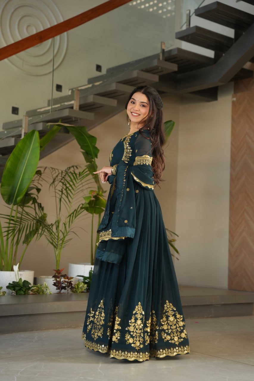 Bottle Green Faux Blooming Georgette Embroidered Gown with Dupatta
