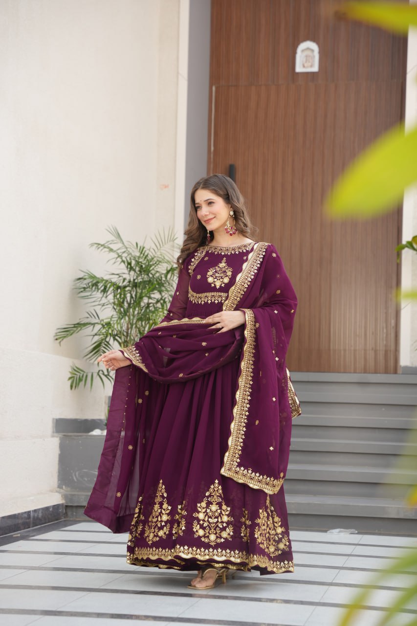 Purple Faux Blooming Georgette Embroidered Gown with Dupatta