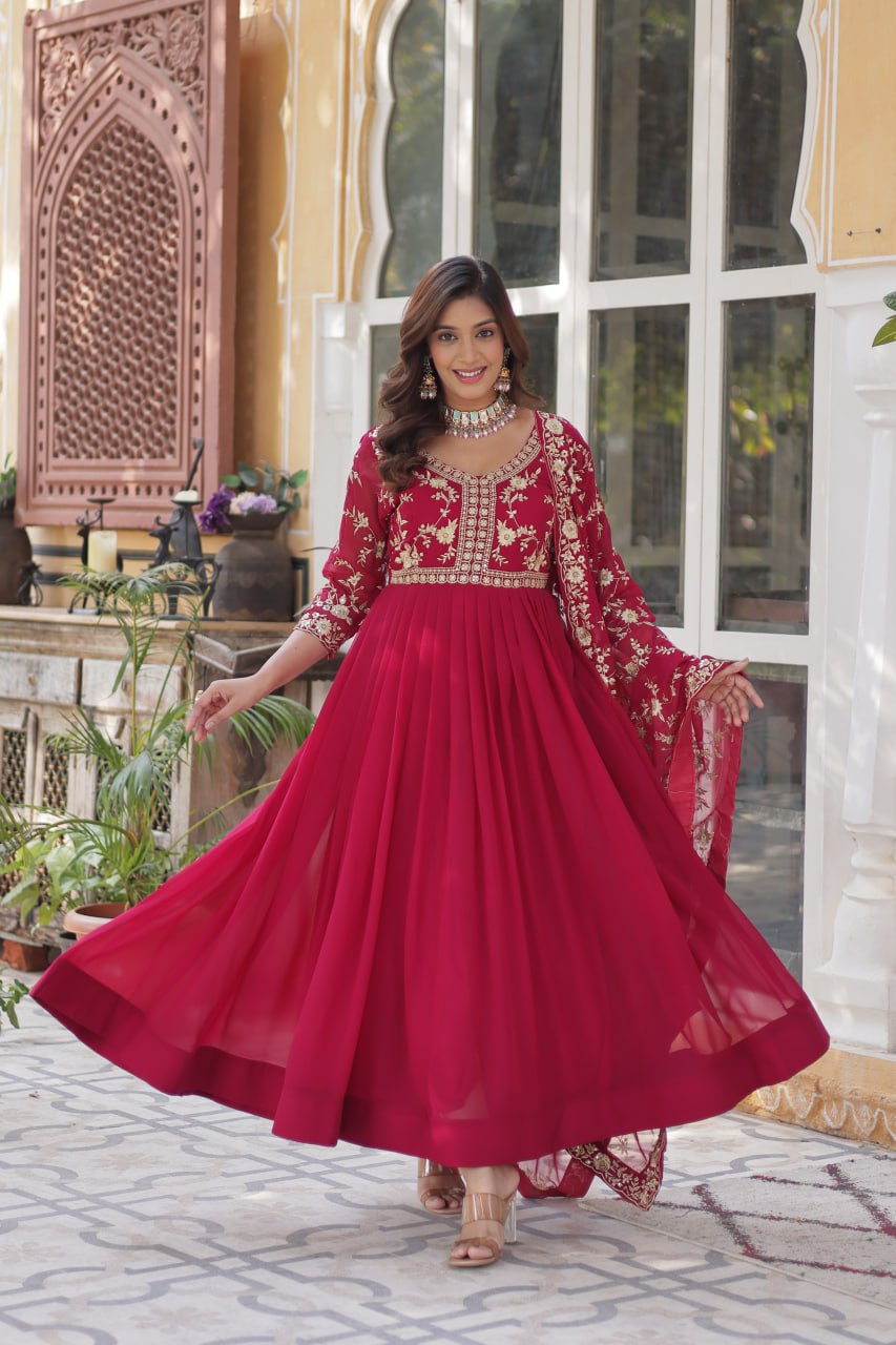Pink Faux Blooming Multi-Sequins & Zari Embroidered Gown with Dupatta