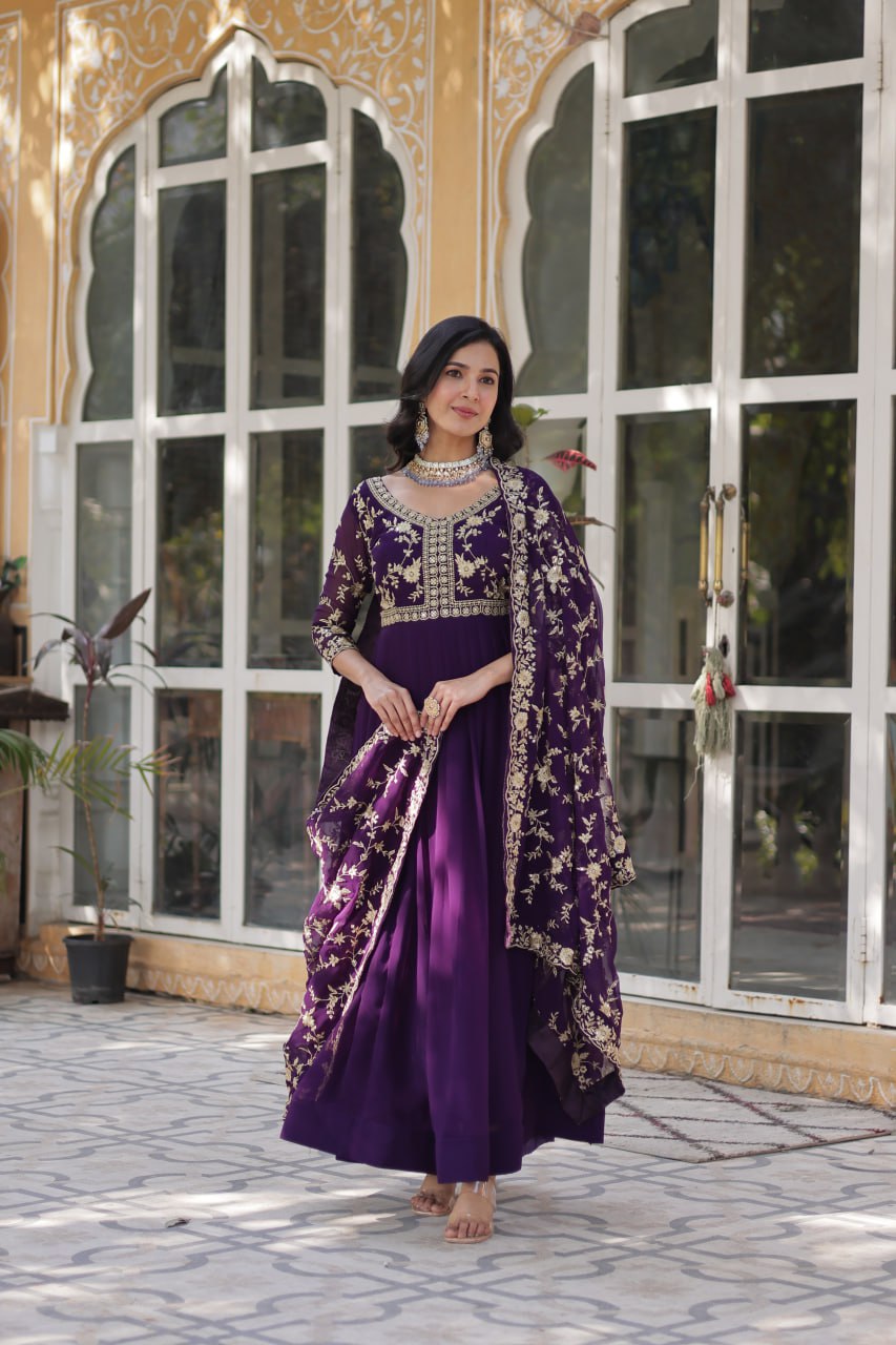 Purple Faux Blooming Multi-Sequins & Zari Embroidered Gown with Dupatta