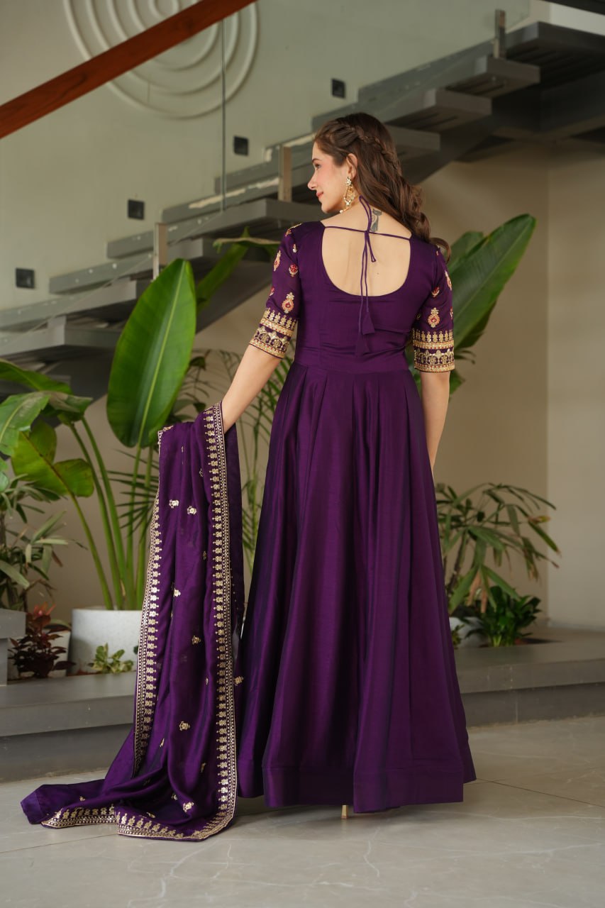 Vichitra Silk Sequins & Zari Embroidered Purple Gown with Dupatta