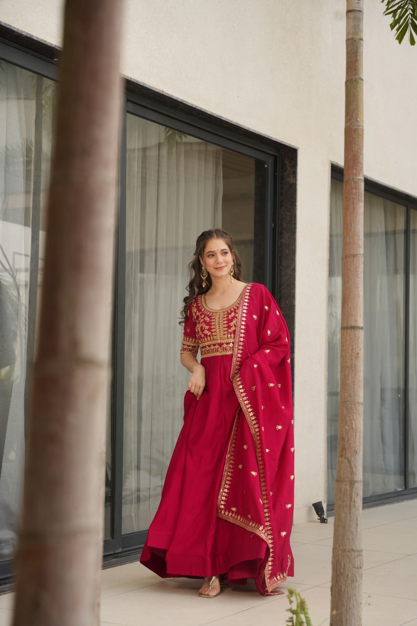 Vichitra Silk Sequins & Zari Embroidered Pink Gown with Dupatta