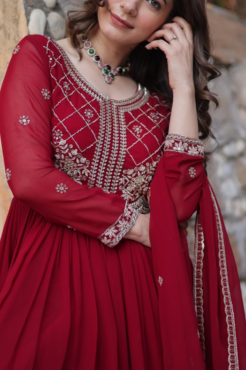Maroon Faux Blooming Sequins & Beads Embroidered Gown with Dupatta