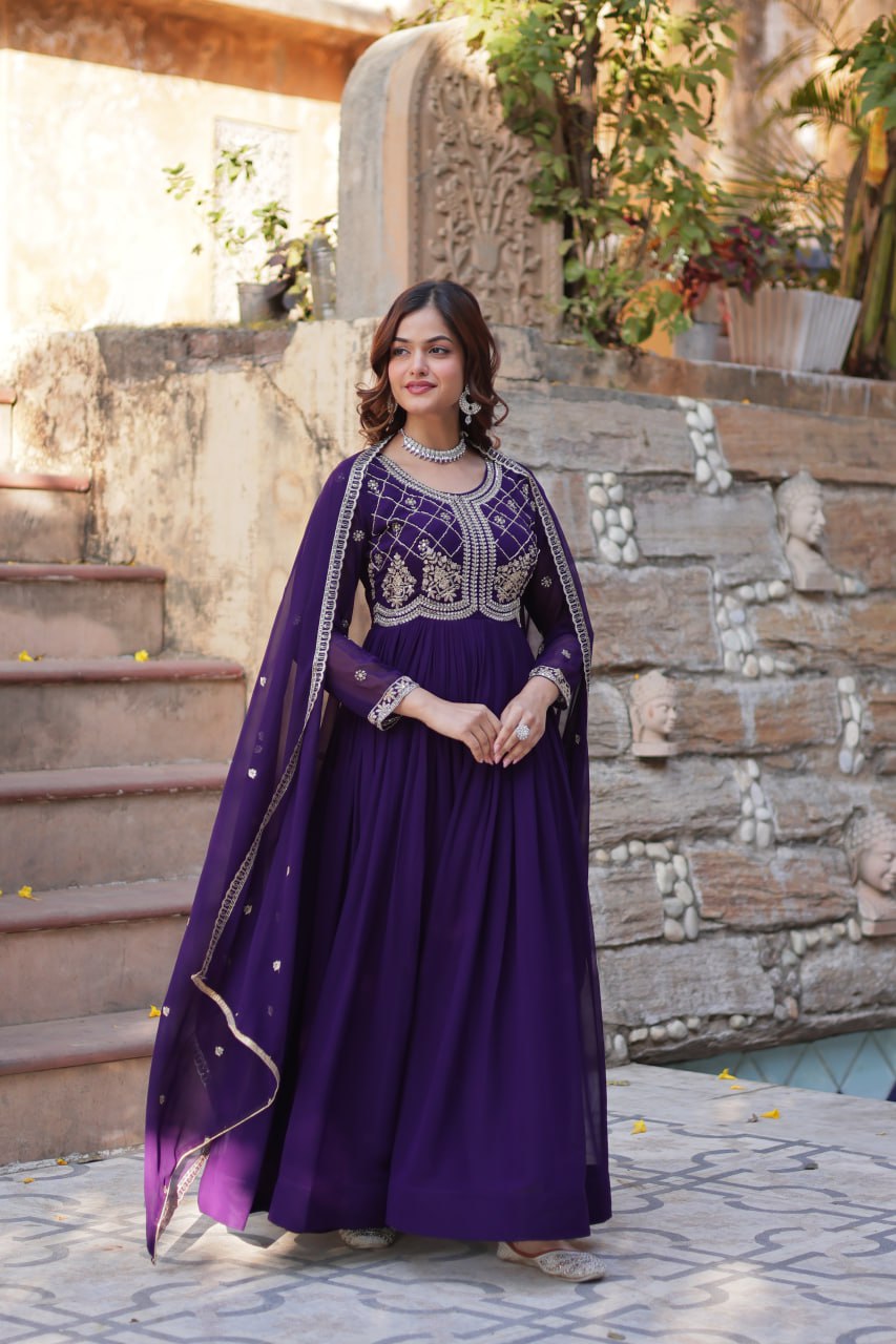 Purple Faux Blooming Sequins & Beads Embroidered Gown with Dupatta