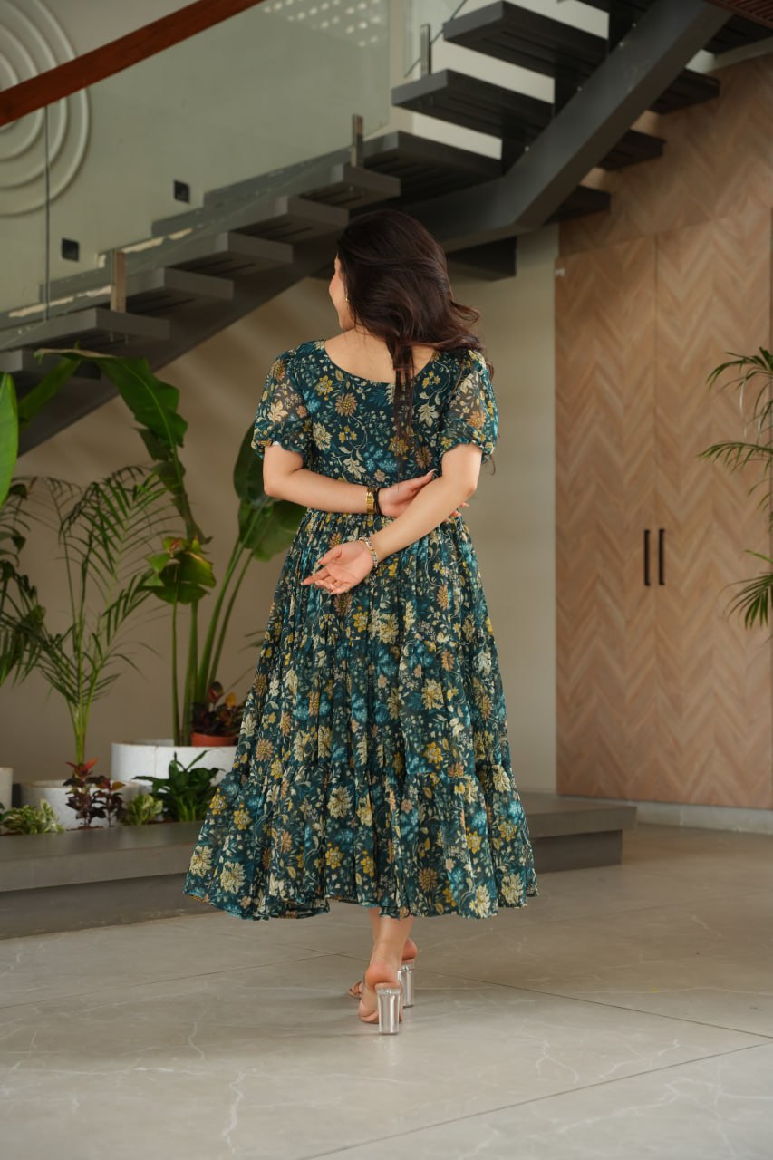 Green Printed Faux Georgette Gown with Cotton Lining – 12 Meter Flair
