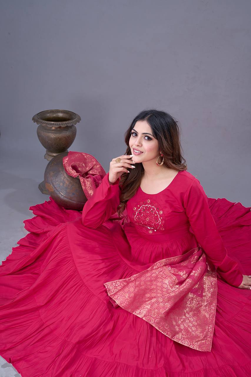 Elegant Rani Pink Roman Silk Gown Set | Festive & Wedding Wear