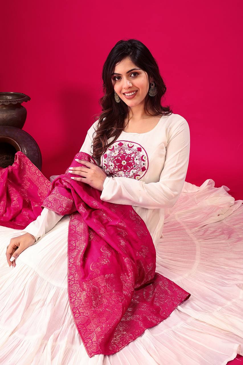 Elegant Off White Roman Silk Gown Set | Festive & Wedding Wear