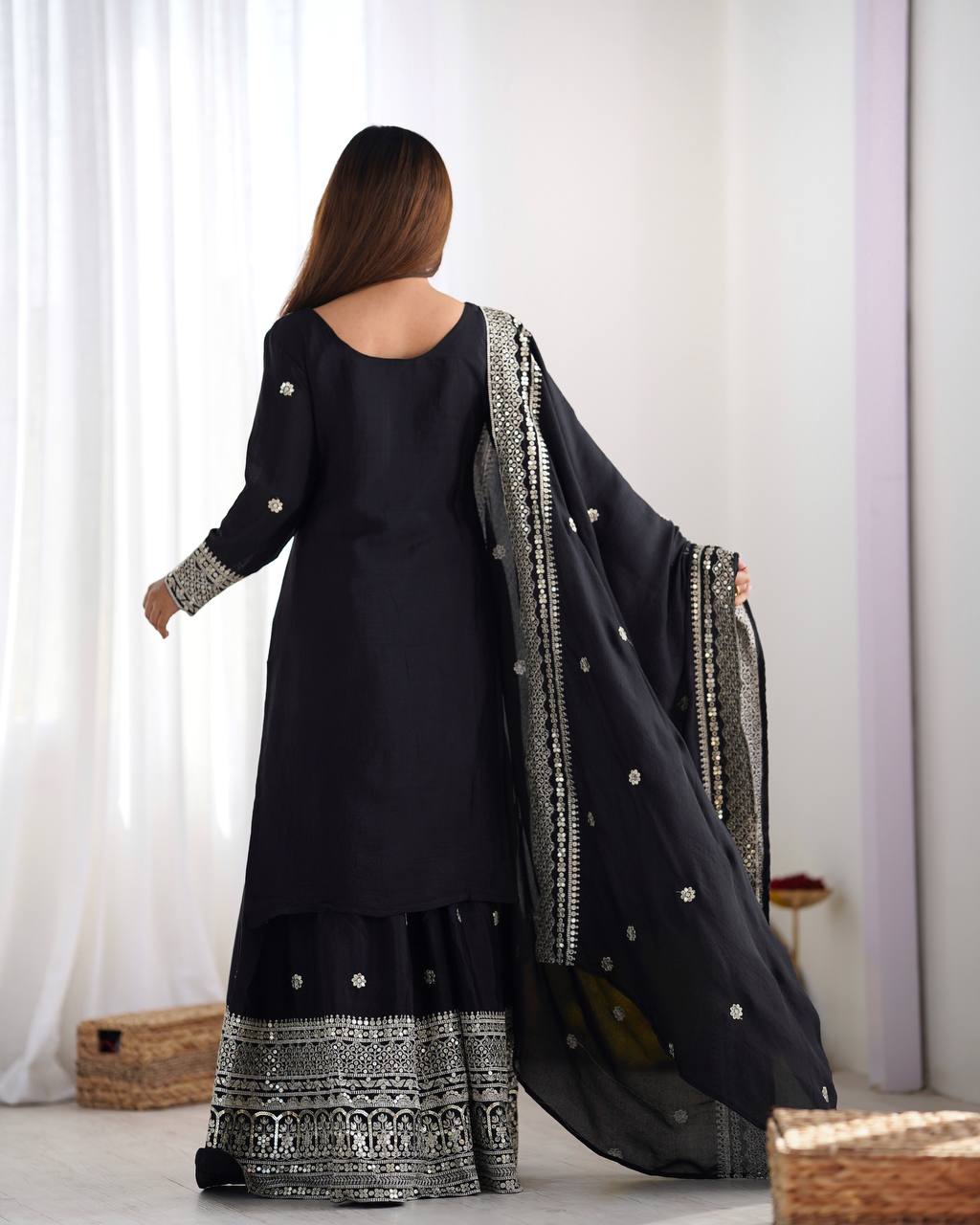Pure Chinnon Silk Embroidered Sharara Set with Dupatta – Fully Stitched Party Wear