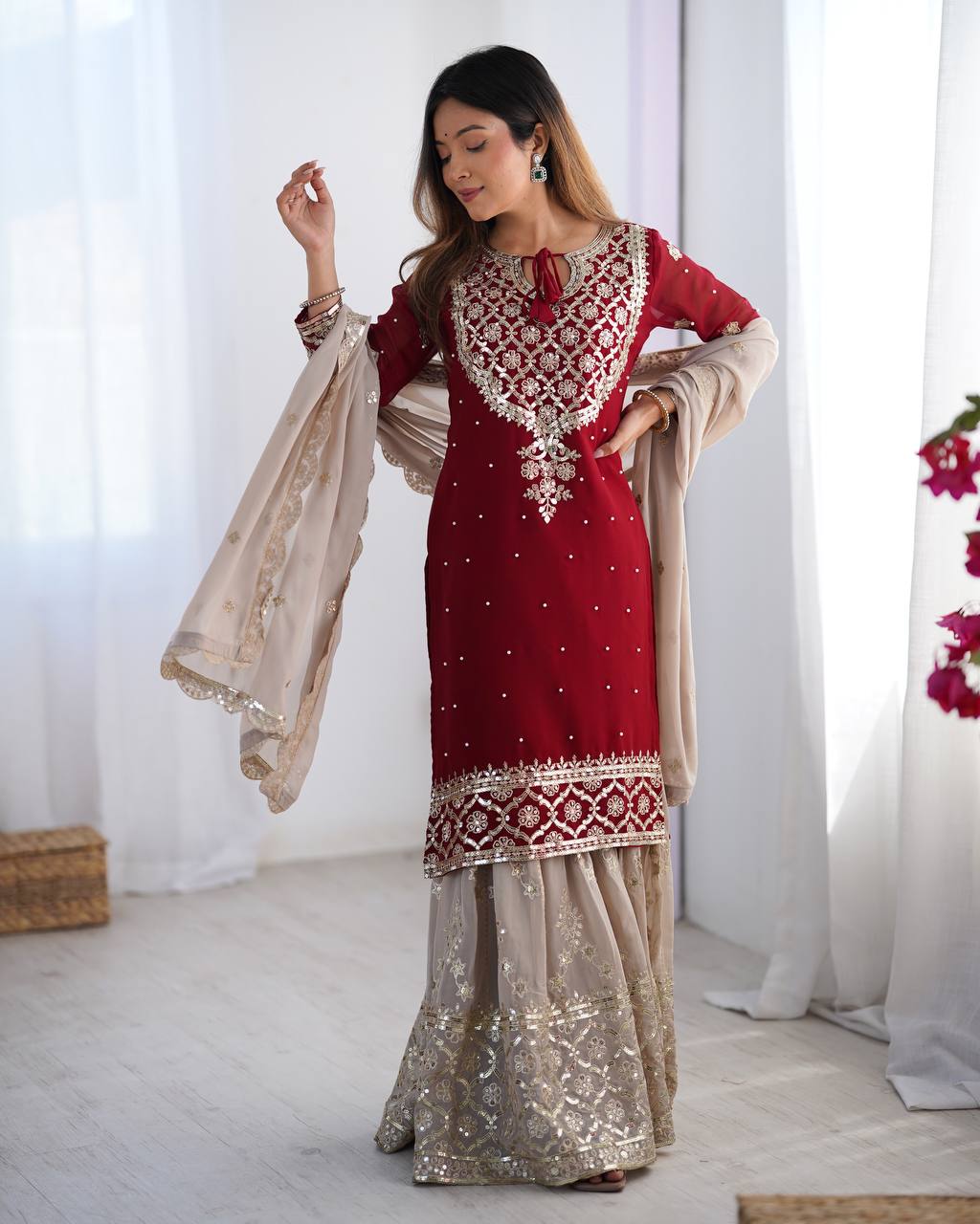 Heavy Maroon Faux Georgette Sharara Suit with 5mm Embroidery Sequence – Fully Stitched Set