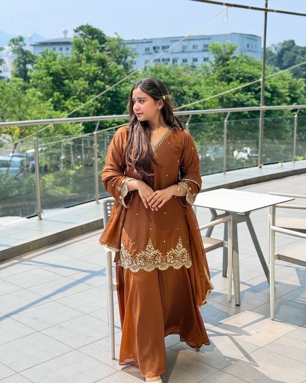 Faux Georgette Sharara Suit with Moti & Sequence Work – Fully Stitched Set