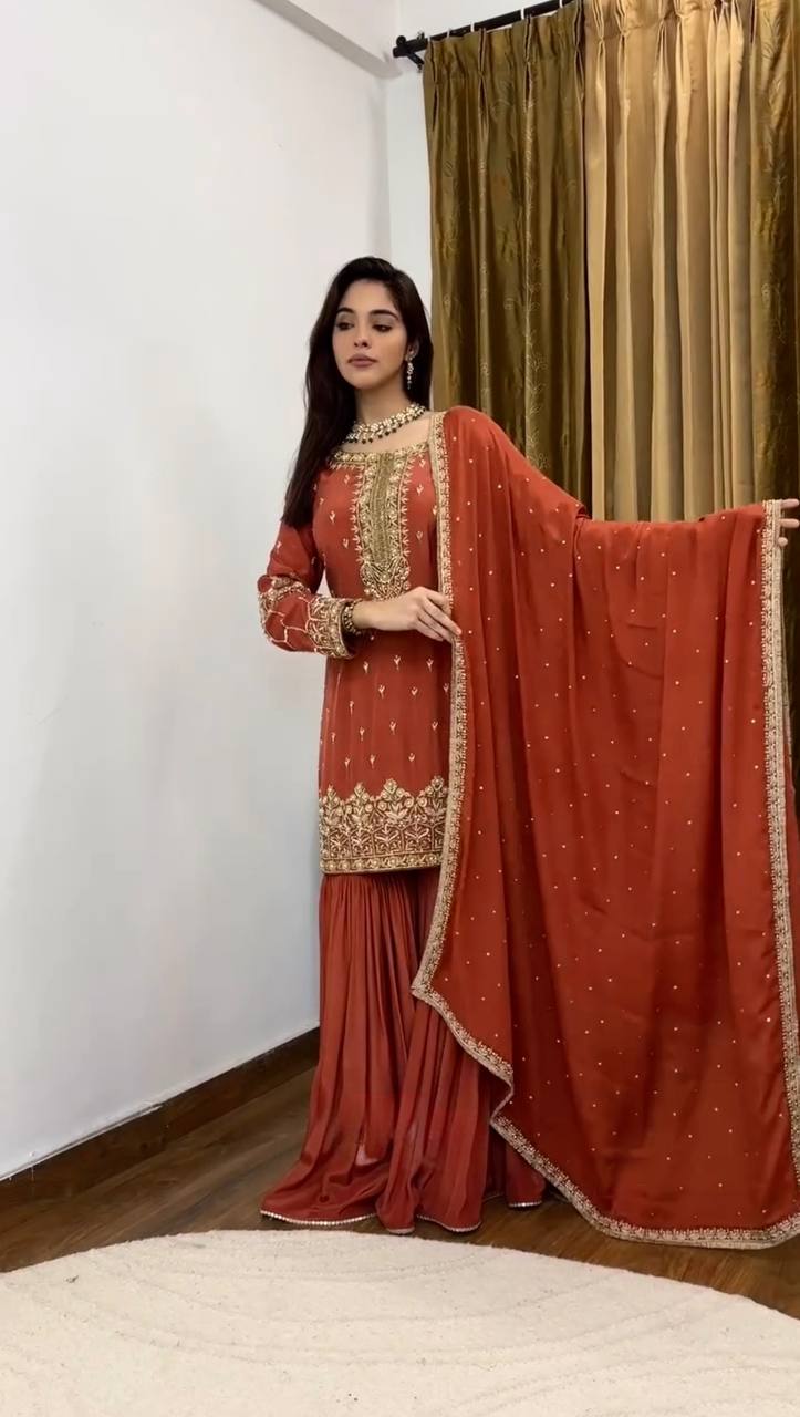 Pure Simmer Silk Sharara Suit with Embroidery & Moti Work – Fully Stitched