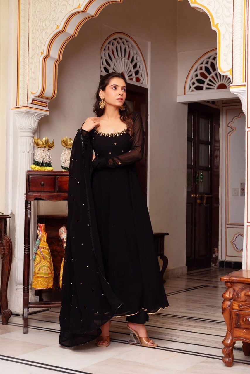 Black Faux Georgette Handwork Suit Set with Rivet Moti Dupatta – Fully Stitched