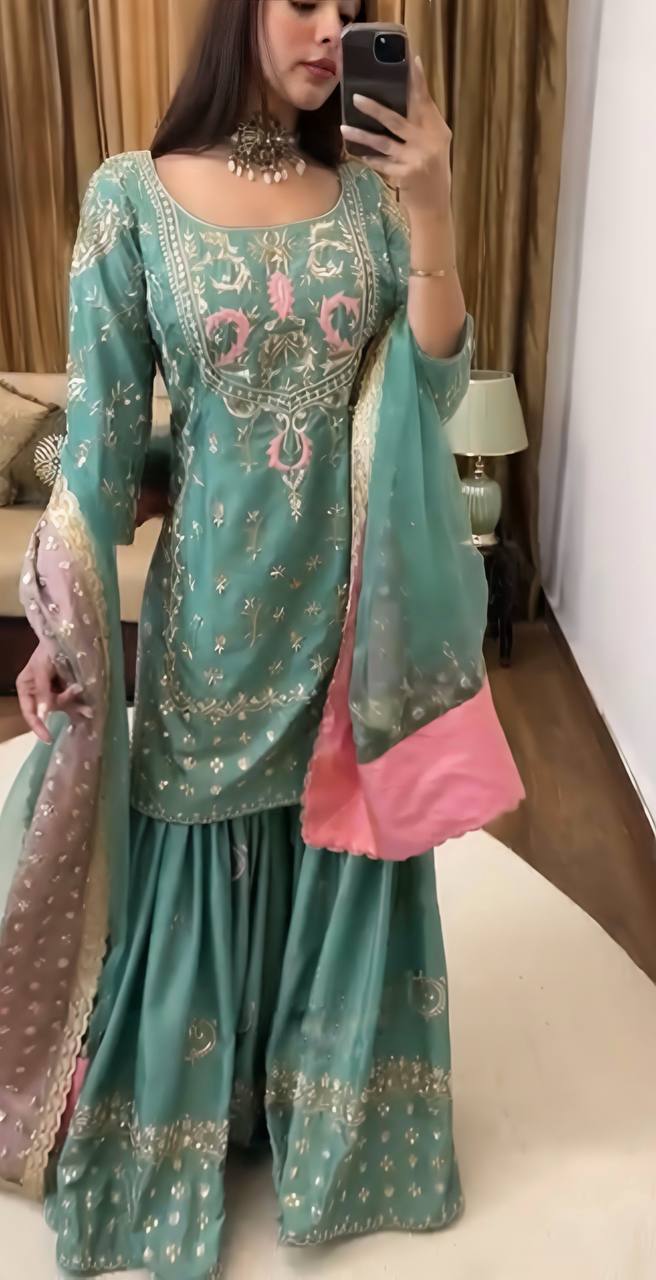 Heavy Chinnon Silk Sharara Suit with Embroidery Sequence Work and Net Dupatta