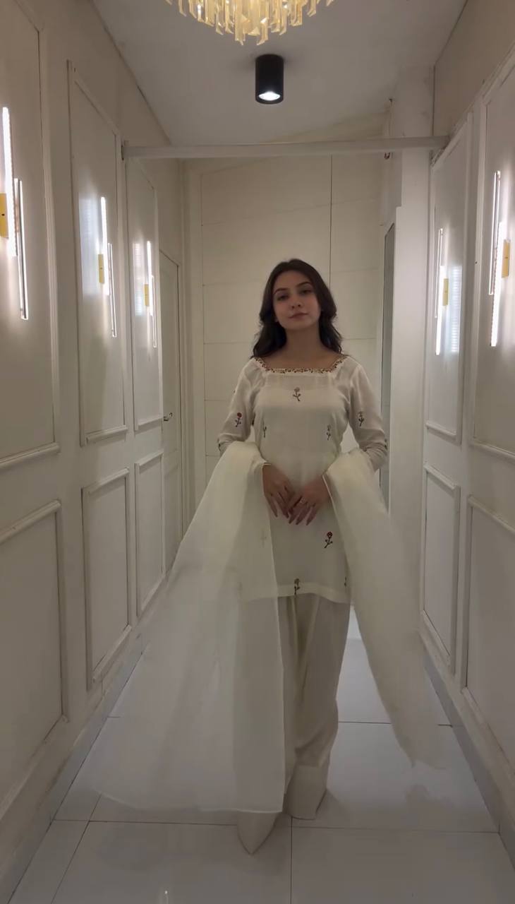 White Chinnon Silk Embroidered Top with Farshi Pant and Organza Silk Dupatta